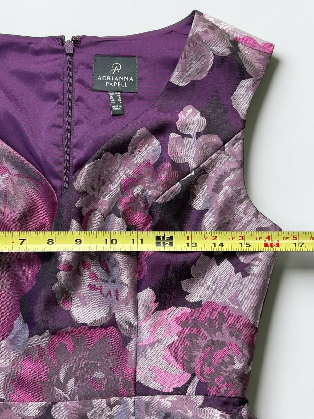 Adrianna Papell Metallic Floral Jacquard A-Line Cockail Dress Purple Pink 4 - Picture 7 of 11